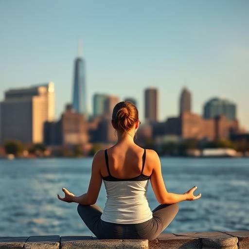 Woman peacefully meditating outdoors with Boston skyline in the background